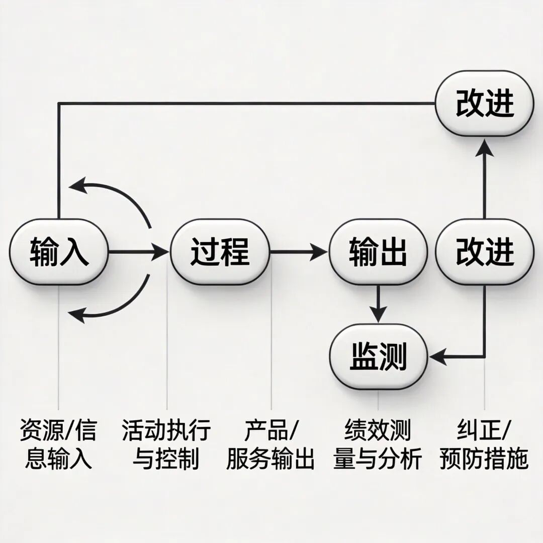 质量管理体系流程图，展示过程方法和PDCA循环